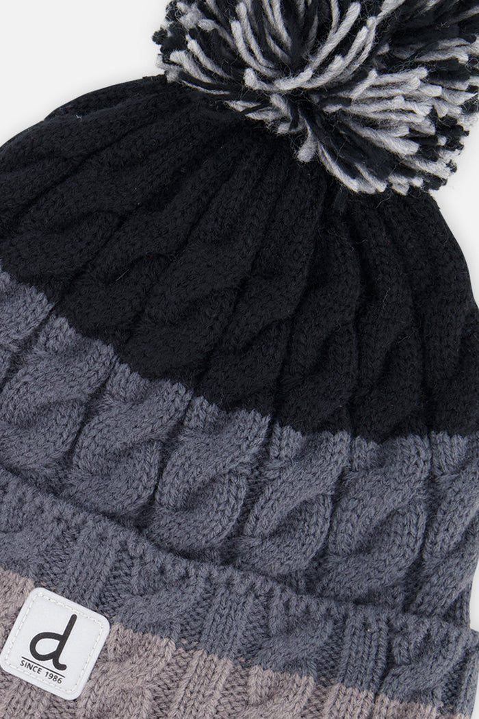 Deux par Deux kids' cable-knit pompom hat, black and grey colour block – alternate view