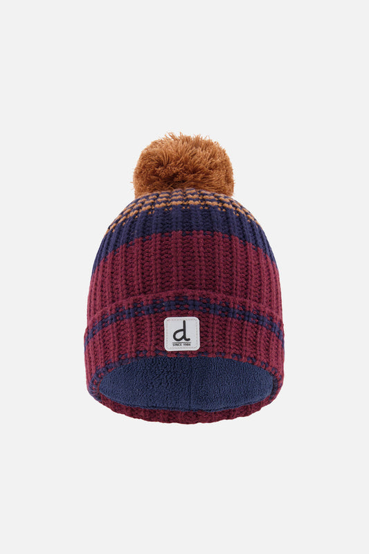 Deux par Deux boys' striped jacquard pompom hat in burgundy and brown – front view