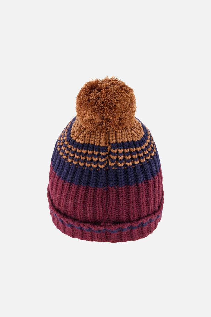 Deux par Deux boys' striped jacquard pompom hat in burgundy and brown – back view