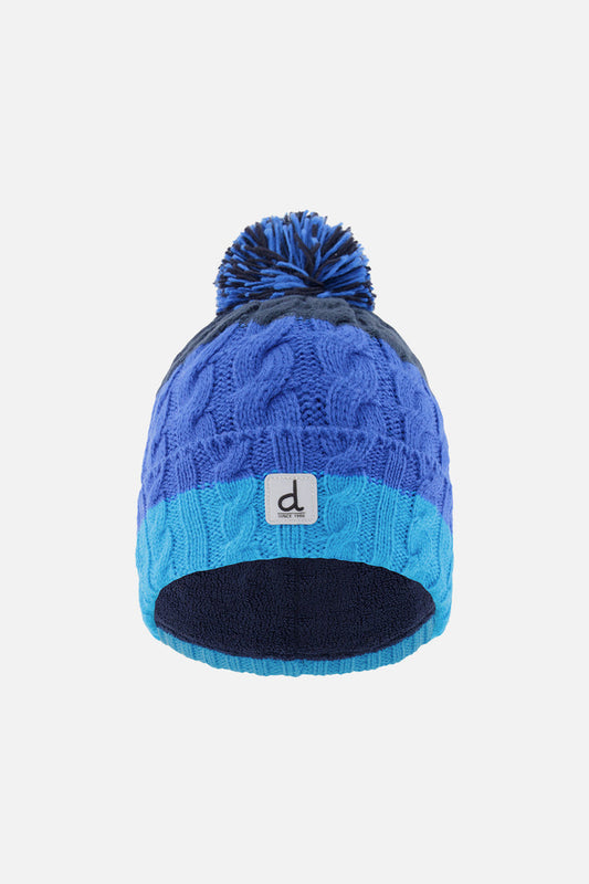 Deux par Deux boys' cable-knit pompom hat in dark blue colour block – front view