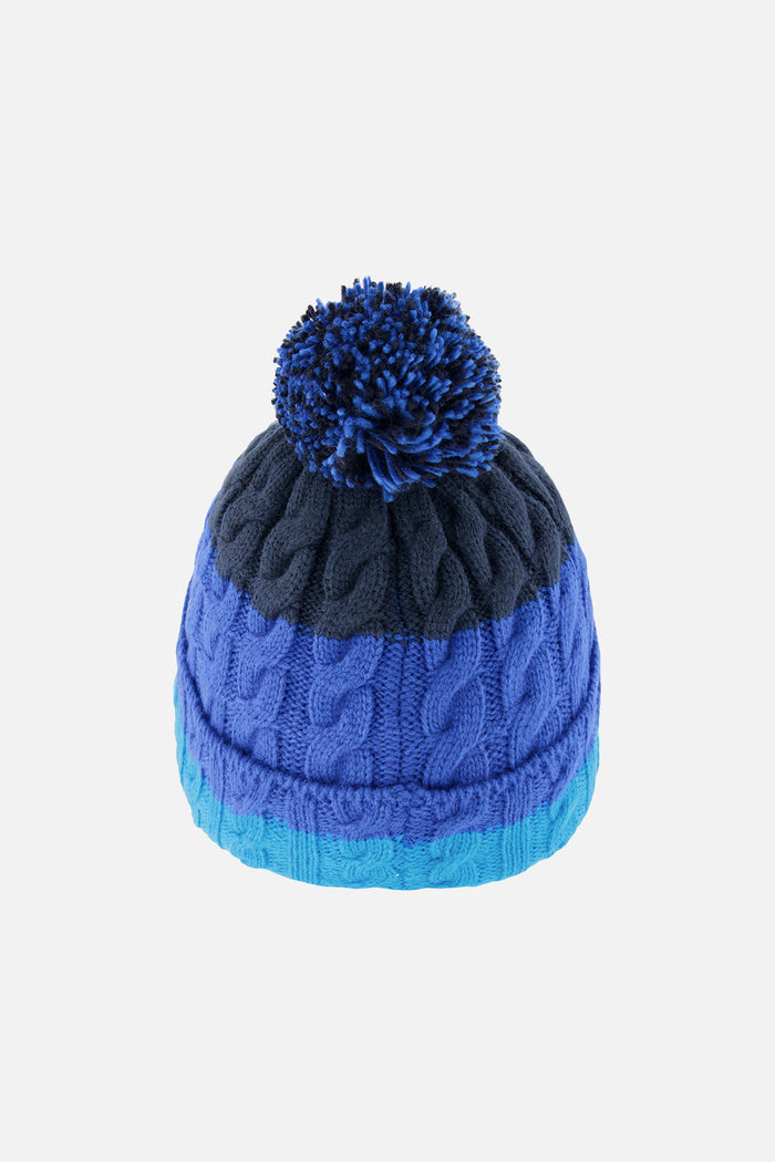 Deux par Deux boys' cable-knit pompom hat in dark blue colour block – back view
