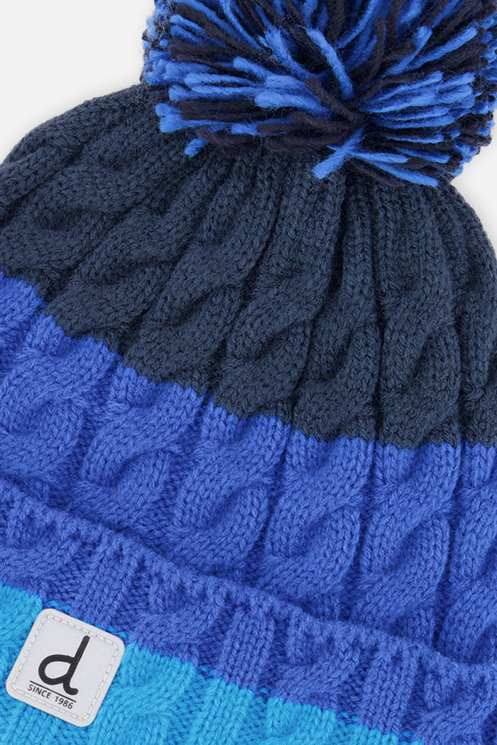 Deux par Deux boys' cable-knit pompom hat in dark blue colour block – alternate view