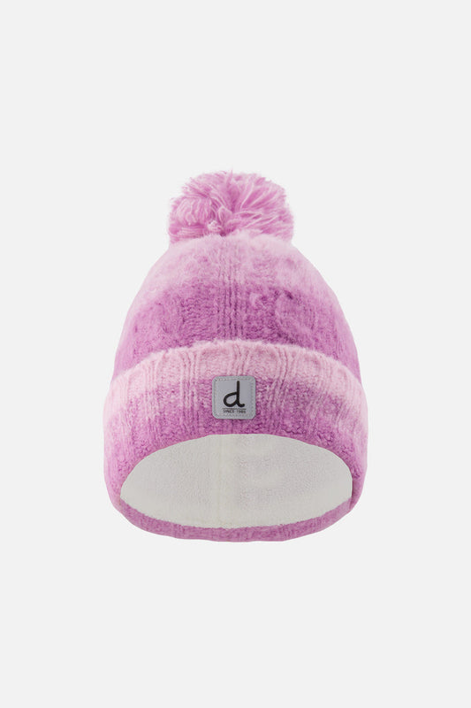 Deux par Deux kids' cable-knit cuffed pompom hat in pinkish violet – front view