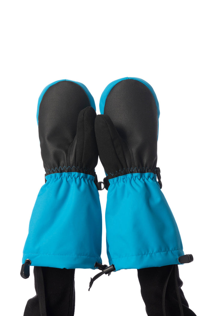 Child wearing Deux par Deux Teknik kids' mittens in blue, palm side