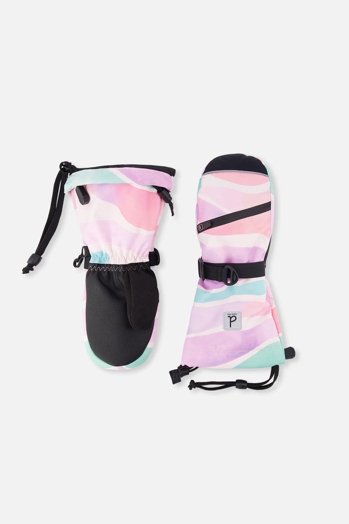 Deux par Deux Teknik kids' mittens, multicolored line print – front view