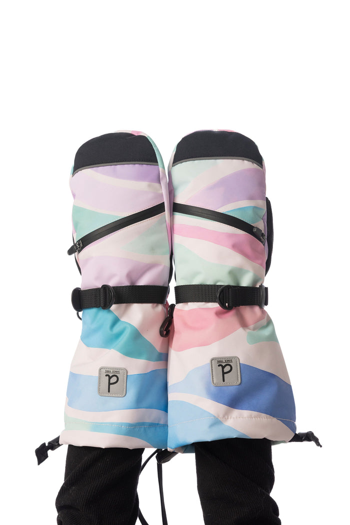 Deux par Deux Teknik kids' mittens, multicolored line print – worn by a child