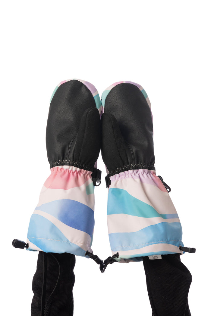 Child wearing Deux par Deux Teknik kids' mittens in multicolored line print, palm side
