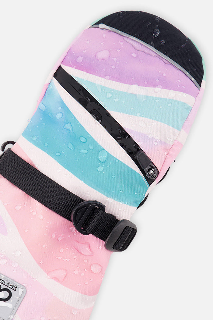 Deux par Deux Teknik kids' mittens in multicolored line print – close-up of the water-repellent shell