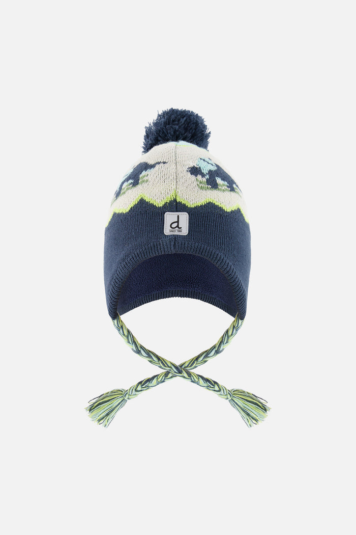 Deux par Deux kids' Peruvian dino ski jacquard hat in dark turquoise – front view