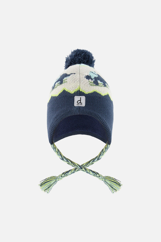 Deux par Deux kids' Peruvian dino ski jacquard hat in dark turquoise – front view