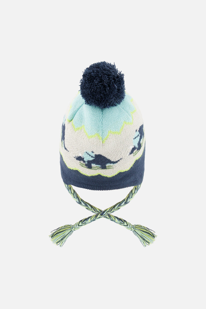 Deux par Deux kids' Peruvian dino ski jacquard hat in dark turquoise – back view