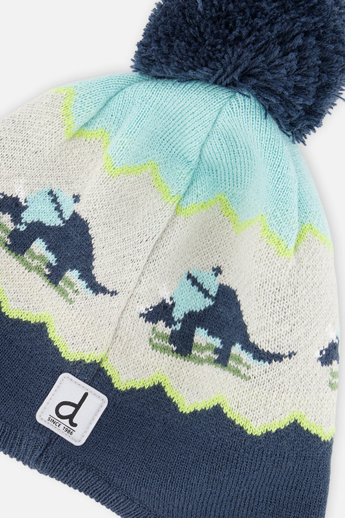 Deux par Deux kids' Peruvian dino ski jacquard hat in dark turquoise – alternate view