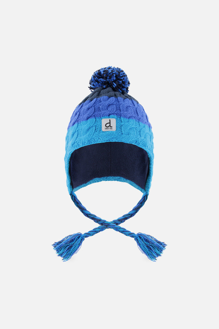 Deux par Deux kids' Peruvian knit hat with ear flaps in dark blue – front view