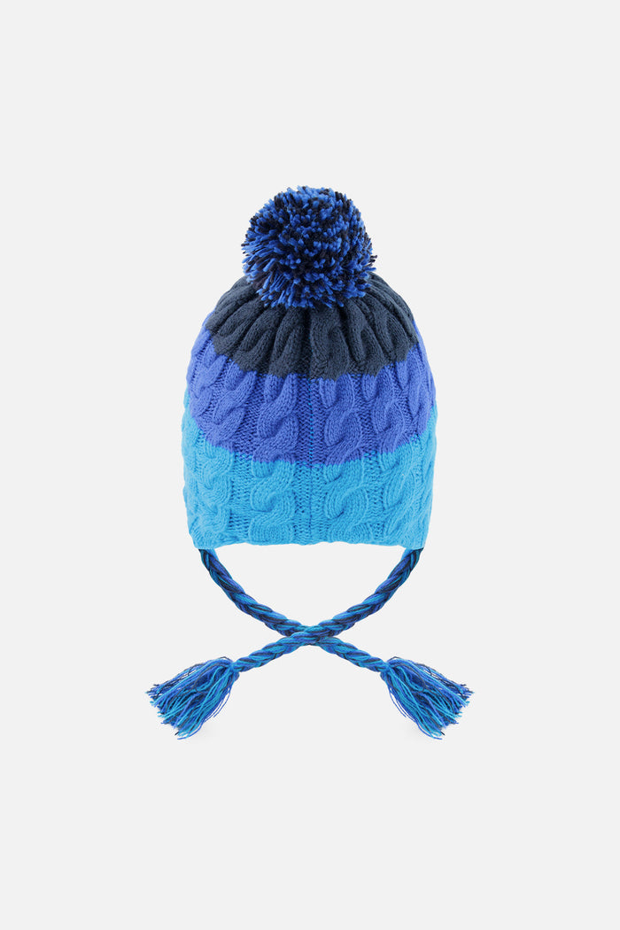 Deux par Deux kids' Peruvian knit hat with ear flaps in dark blue – back view