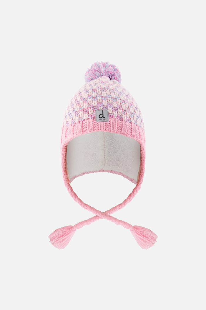Deux par Deux girls' Peruvian earflap hat in dusty pink and light blue – front view
