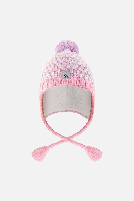 Deux par Deux girls' Peruvian earflap hat in dusty pink and light blue – front view