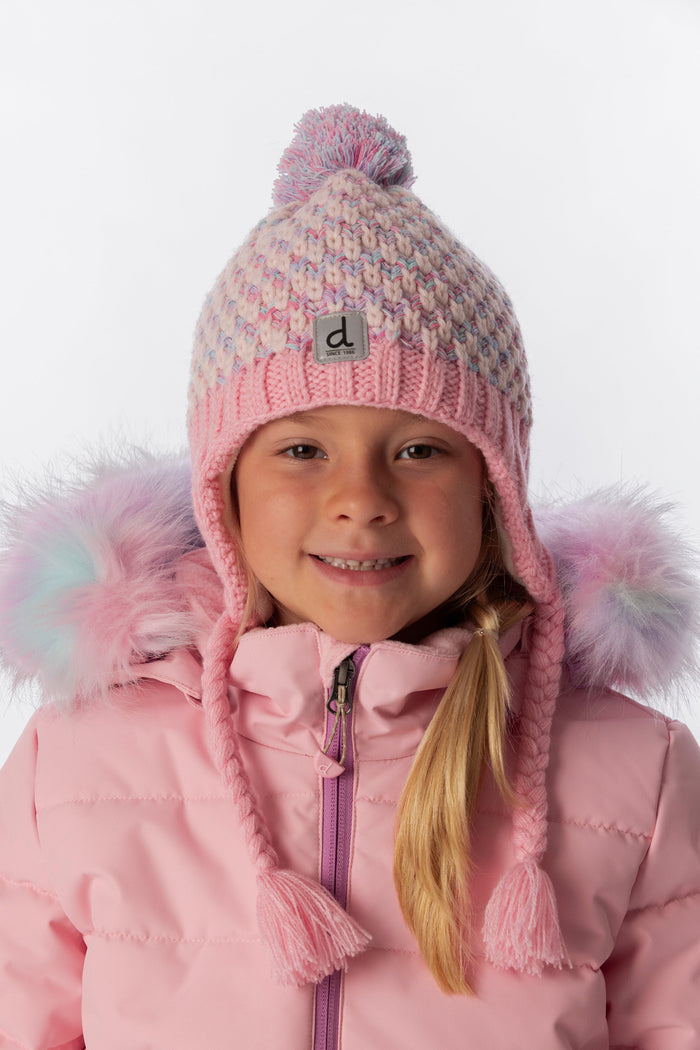 Deux par Deux girls' Peruvian earflap hat in dusty pink and light blue – worn by a model