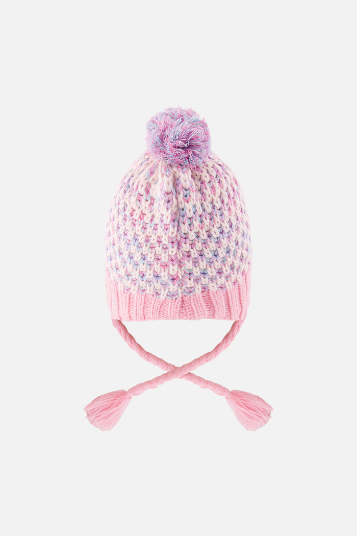 Deux par Deux girls' Peruvian earflap hat in dusty pink and light blue – back view