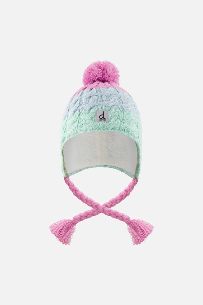 Deux par Deux girls' cable-knit Peruvian hat in mint green, light blue and pinkish violet – front view