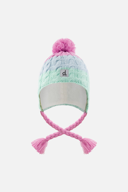 Deux par Deux girls' cable-knit Peruvian hat in mint green, light blue and pinkish violet – front view
