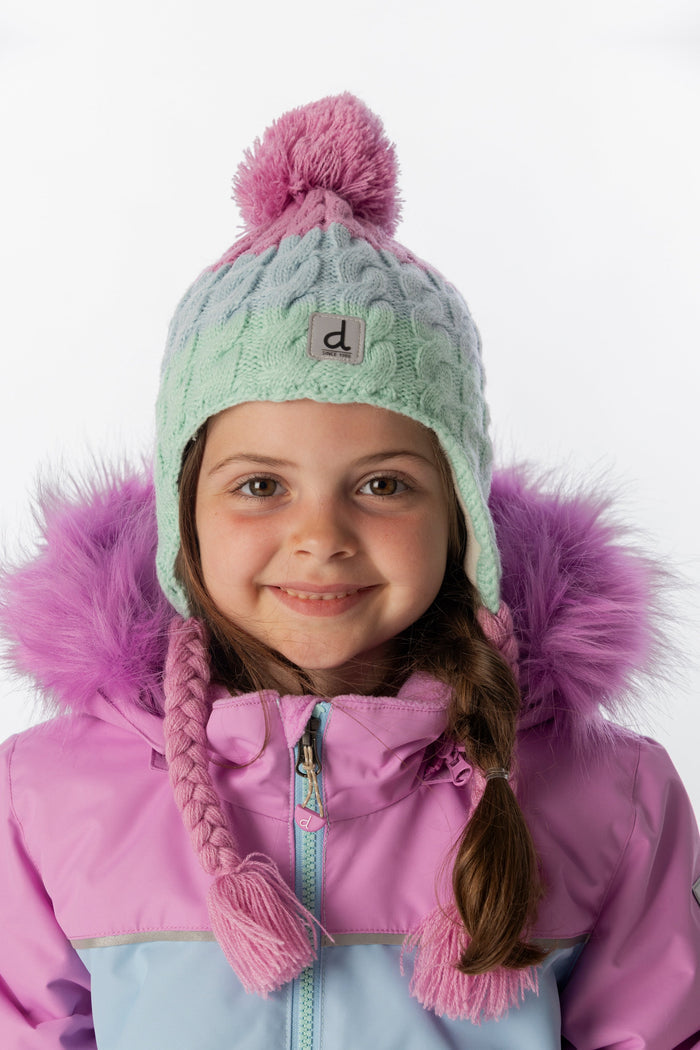 Deux par Deux girls' cable-knit Peruvian hat in mint green, light blue and pinkish violet – worn by a model