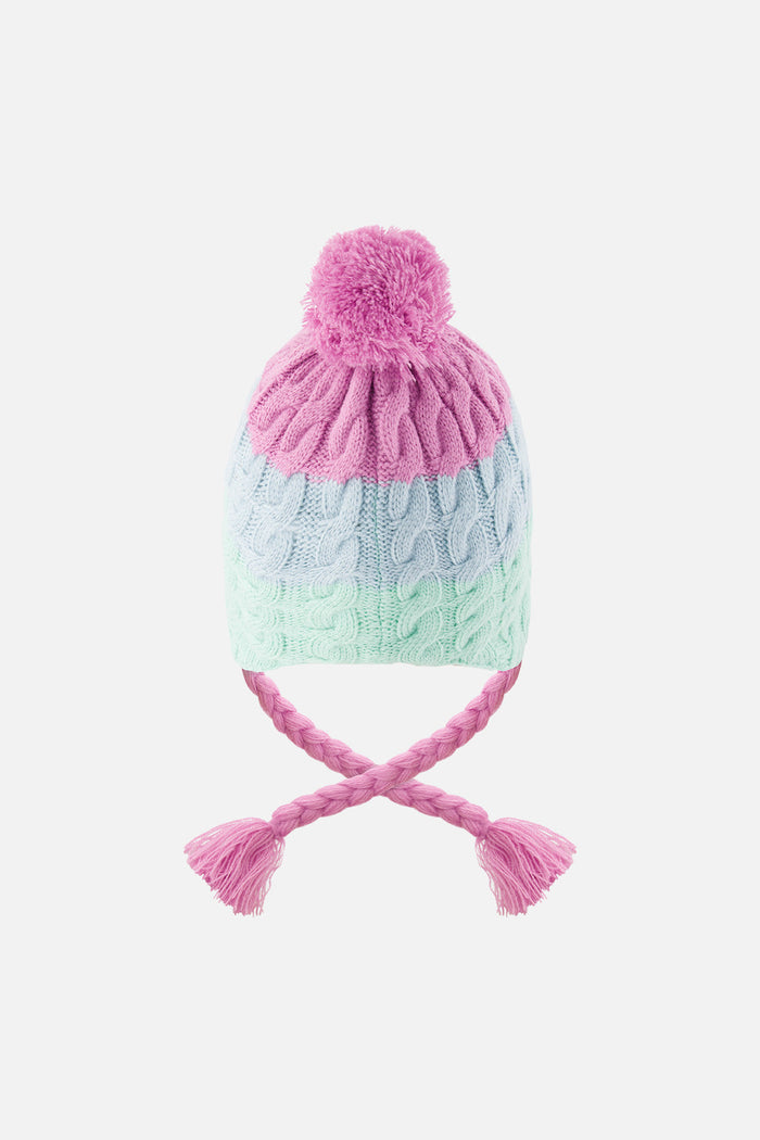 Deux par Deux girls' cable-knit Peruvian hat in mint green, light blue and pinkish violet – back view
