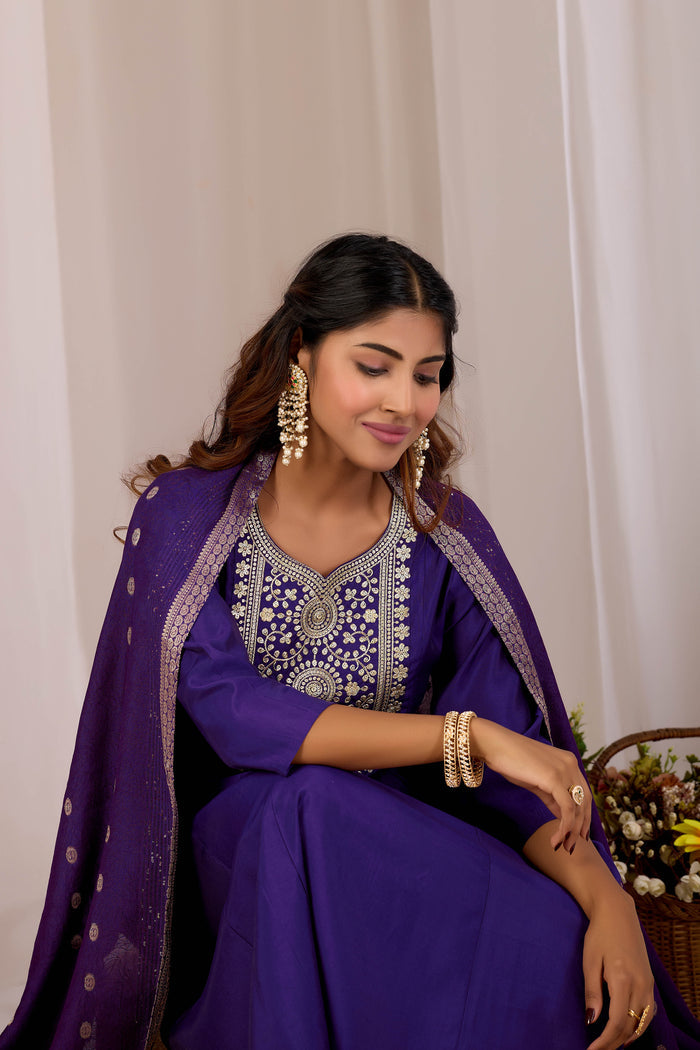 Women Blue Embroidery Designer Kurta Set with Dupatta