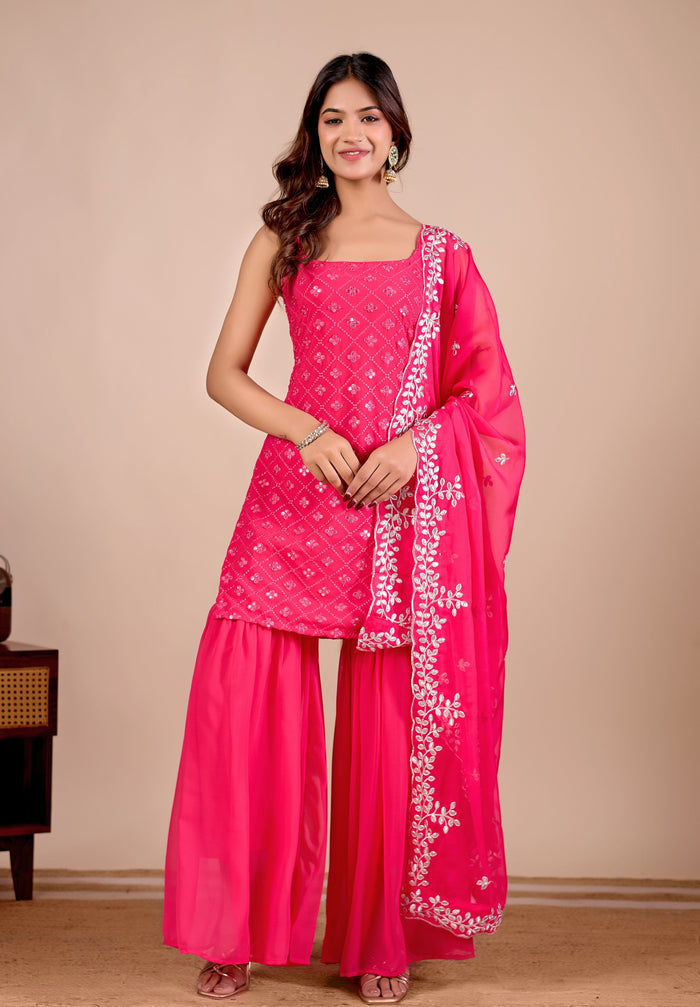 Women Rani Pink Embroidered Sharara Suit Set & Kurta Set