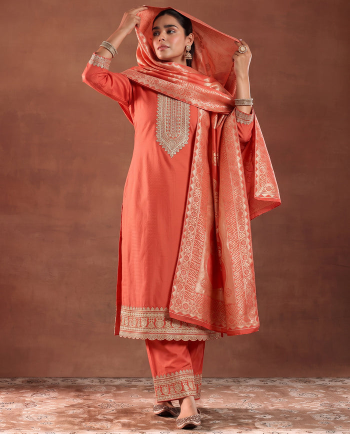 Women Rust Embroidered Kurta Set With Jacquard Dupatta