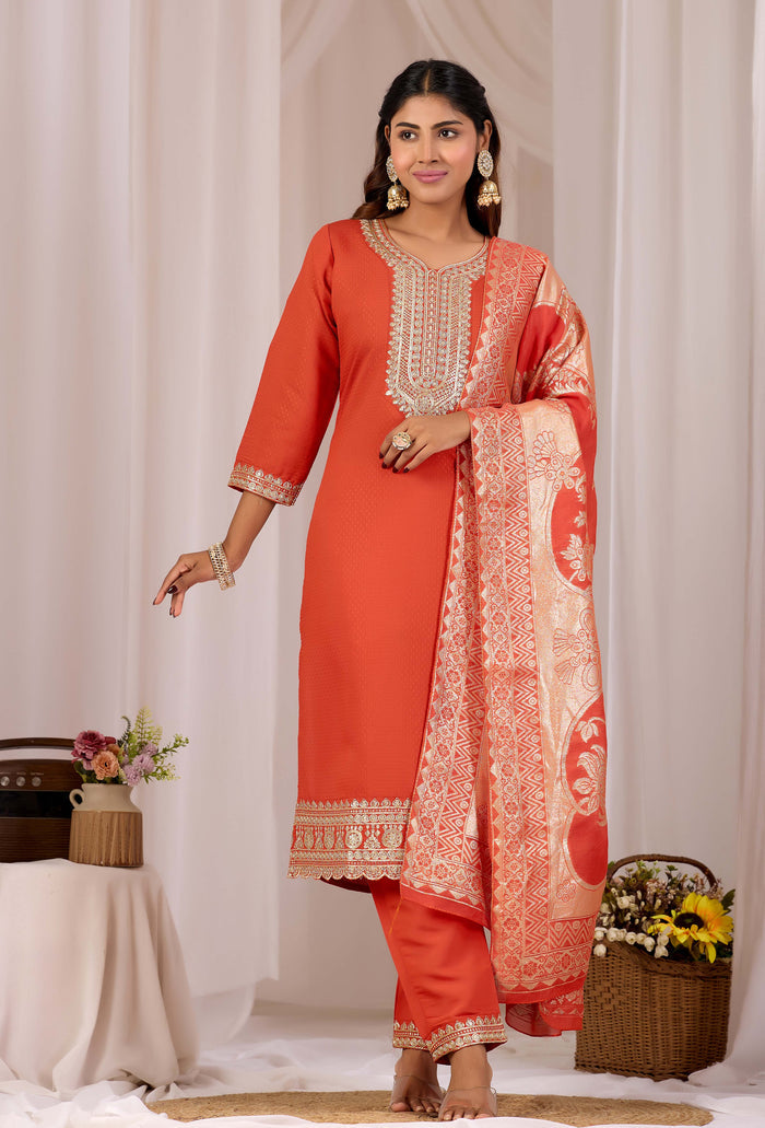 Women Rust Embroidered Silk Blend Straight Kurta Set With Jacquard Dupatta