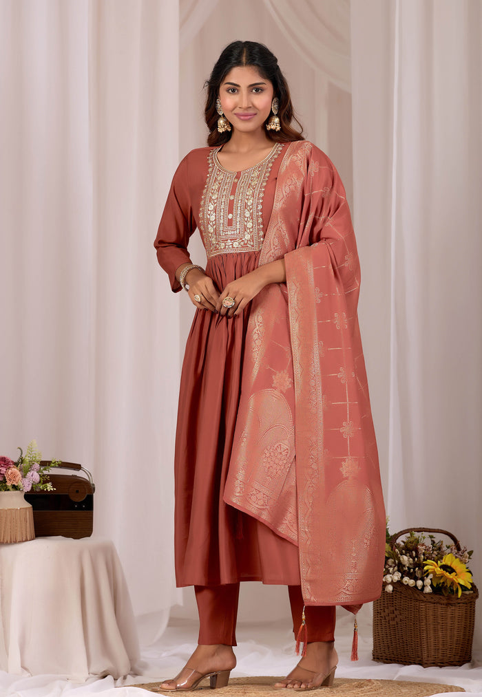 Women Rust Embroidered Stylish Straight Kurta Set with Jacquard Dupatta