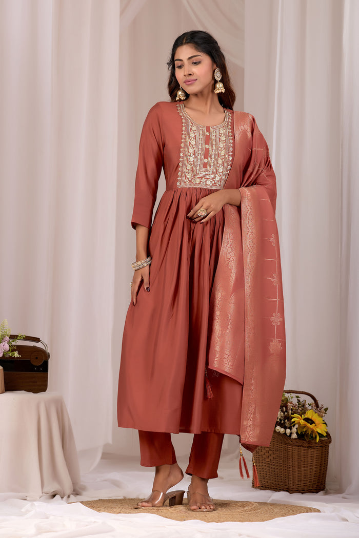 Women Rust Embroidered Stylish Straight Kurta Set with Jacquard Dupatta