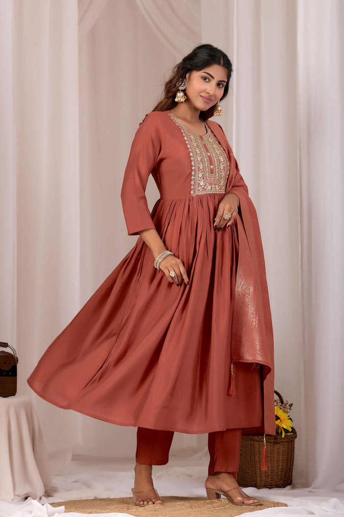 Women Rust Embroidered Stylish Straight Kurta Set with Jacquard Dupatta