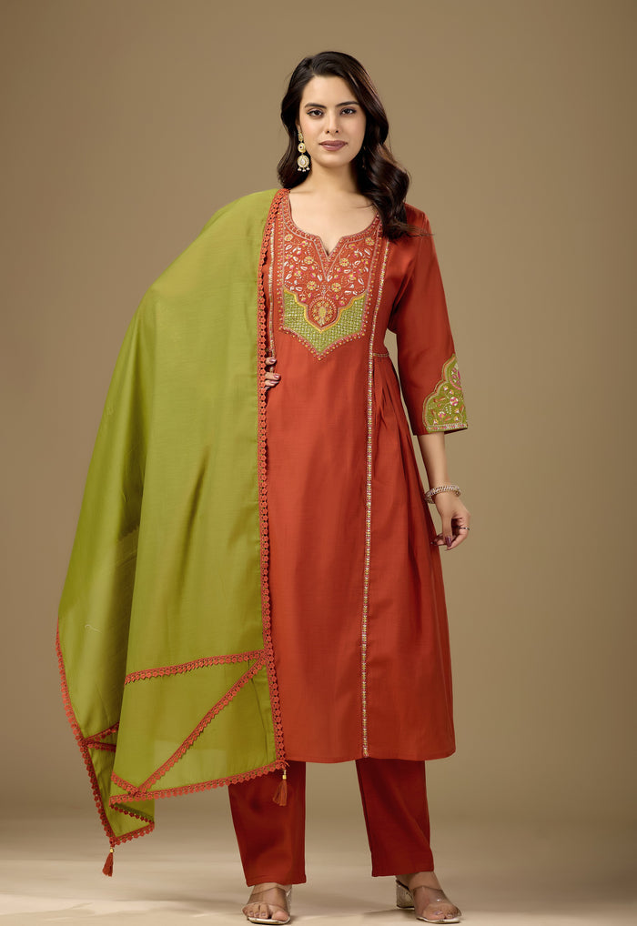 Women Rust Orange Embroidered Kurta Set