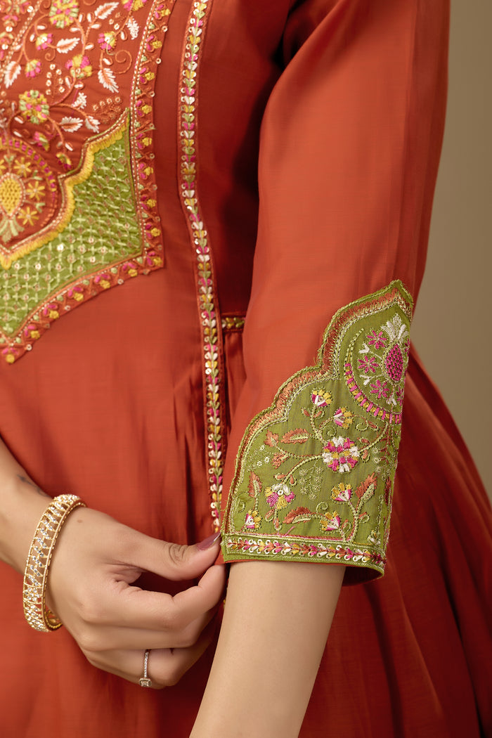 Women Rust Orange Embroidered Kurta Set