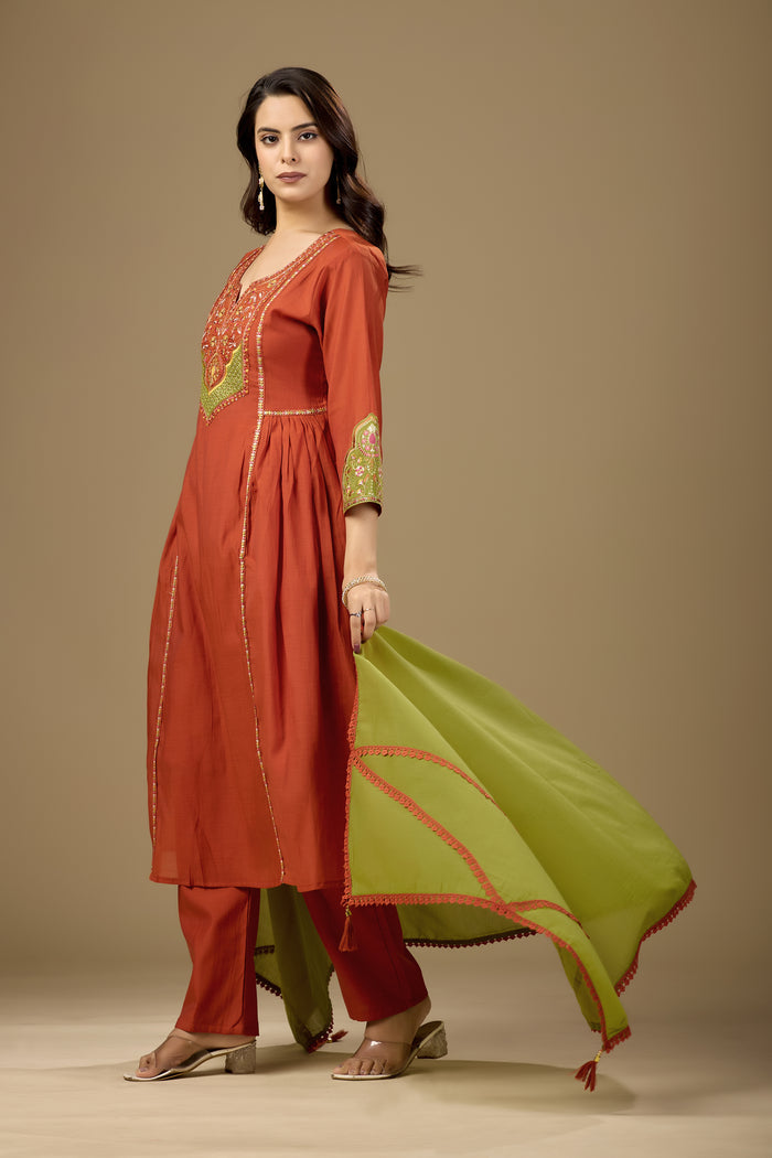 Women Rust Orange Embroidered Kurta Set