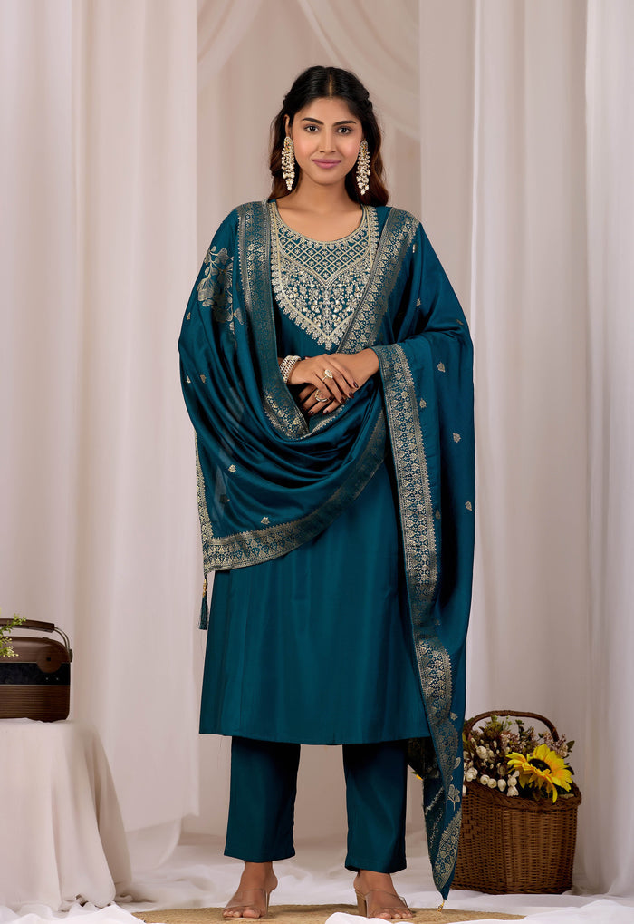 Women Teal Embroidered Kurta Set With Dupatta