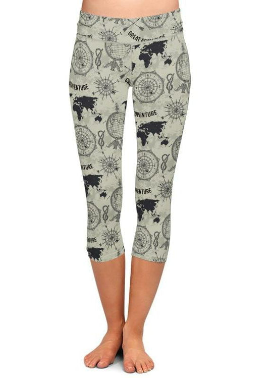 Womens Beautiful Great Adventure Map Printed Capri Leggings