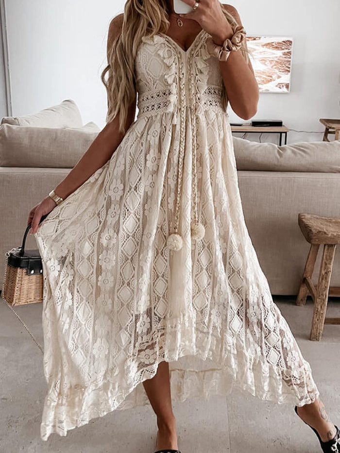 Women's Boho Maxi Dress - Summer Slip Lace Up Tassel V-Neck Flare Ruffle Beach Dress in White M