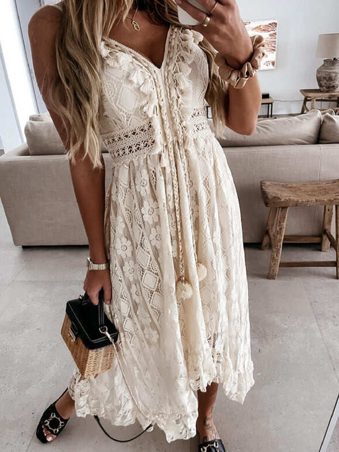 Women's Boho Maxi Dress - Summer Slip Lace Up Tassel V-Neck Flare Ruffle Beach Dress in White M