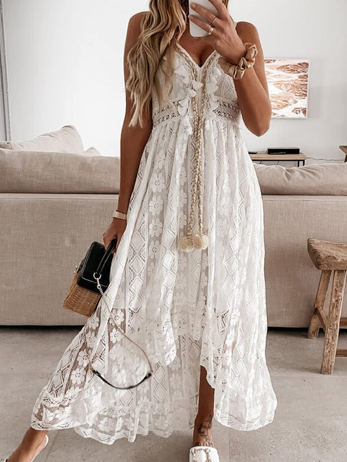 Women's Boho Maxi Dress - Summer Slip Lace Up Tassel V-Neck Flare Ruffle Beach Dress in White M