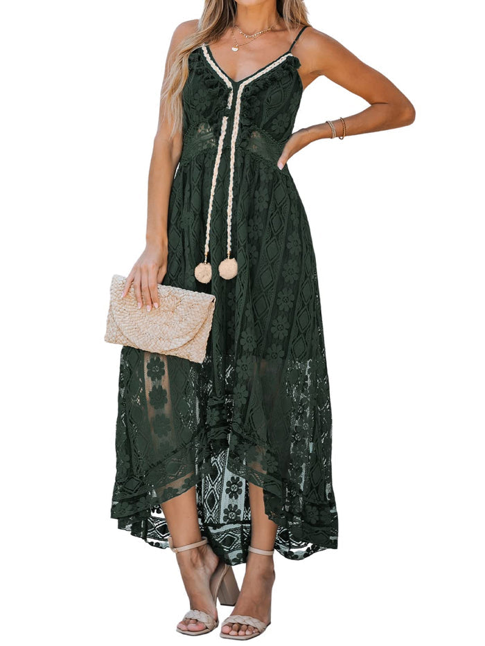 Women's Boho Maxi Dress - Summer Slip Lace Up Tassel V-Neck Flare Ruffle Beach Dress in White M