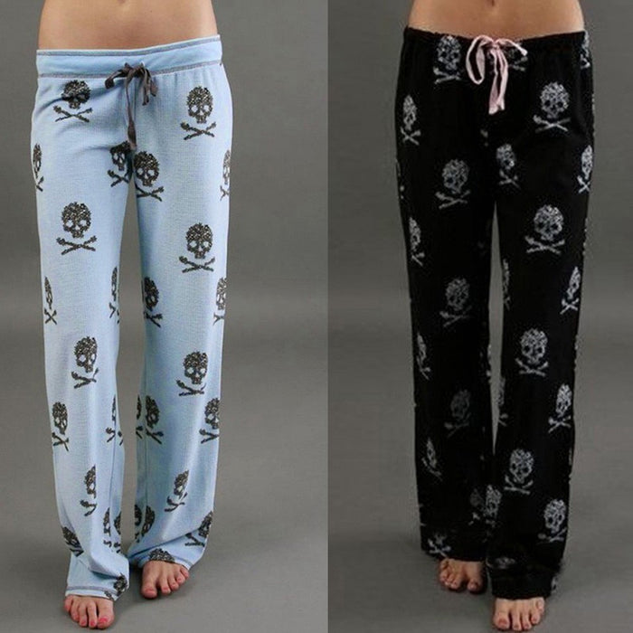 Womens Loose Boho Skull And Crossbones Printed Wide Leg Jogger Pants