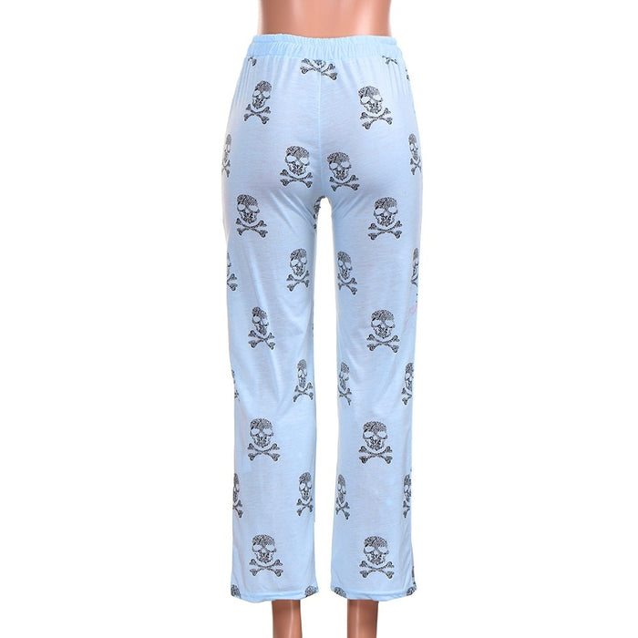Womens Loose Boho Skull And Crossbones Printed Wide Leg Jogger Pants
