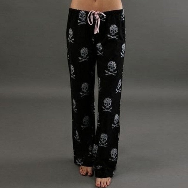 Womens Loose Boho Skull And Crossbones Printed Wide Leg Jogger Pants