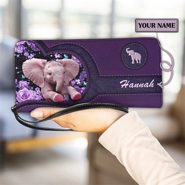 Womens Personalised Fashion Zip-Up Clutch Purse/Wallet - Elephant Design
