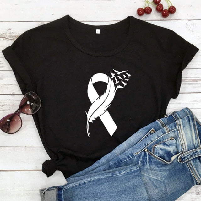 Womens Pink Ribbon Feather & Birds Flying BCA T-Shirt