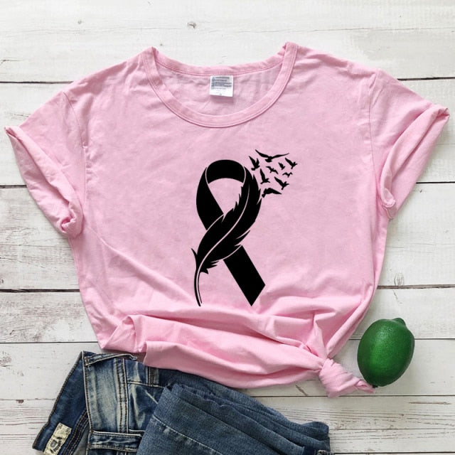 Womens Pink Ribbon Feather & Birds Flying BCA T-Shirt