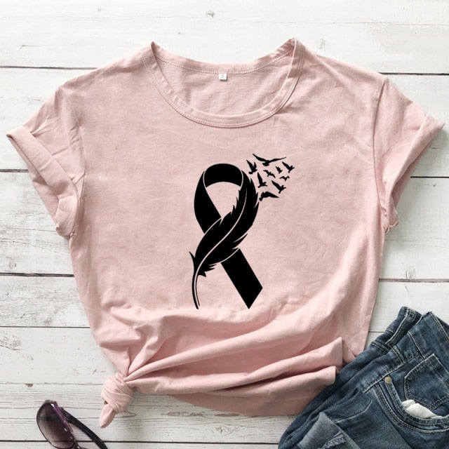 Womens Pink Ribbon Feather & Birds Flying BCA T-Shirt