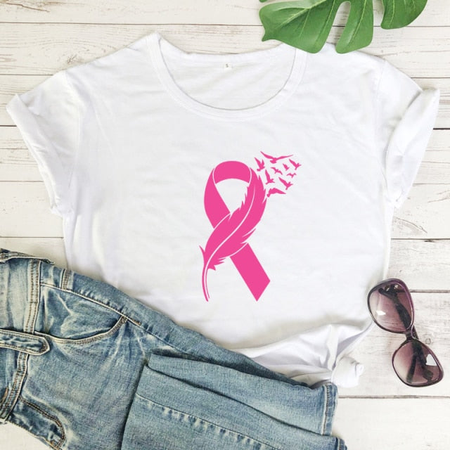 Womens Pink Ribbon Feather & Birds Flying BCA T-Shirt